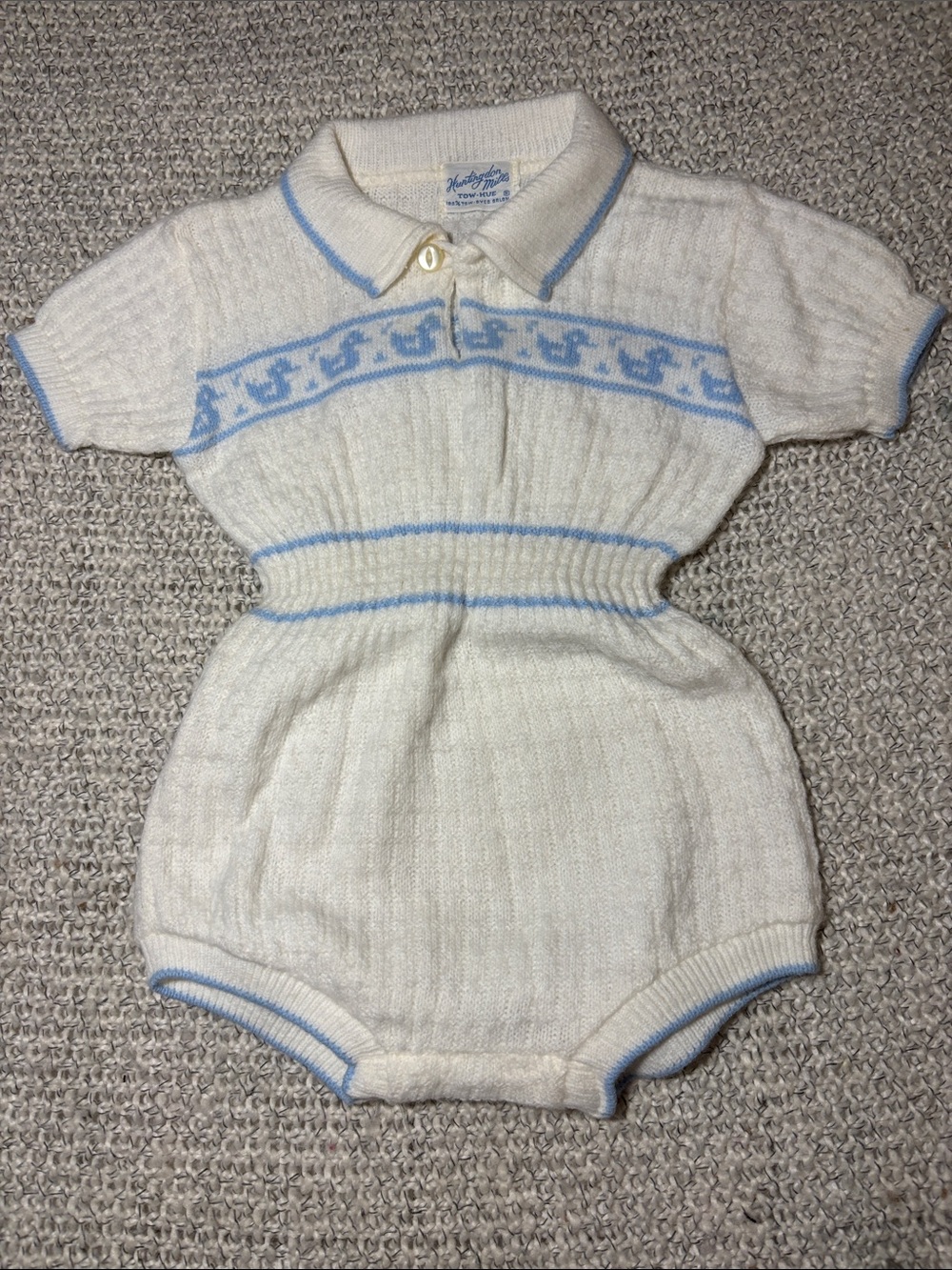 Vintage 60s Huntington Mills White Knit Bubble Romper with Blue Ducklings 9 mo